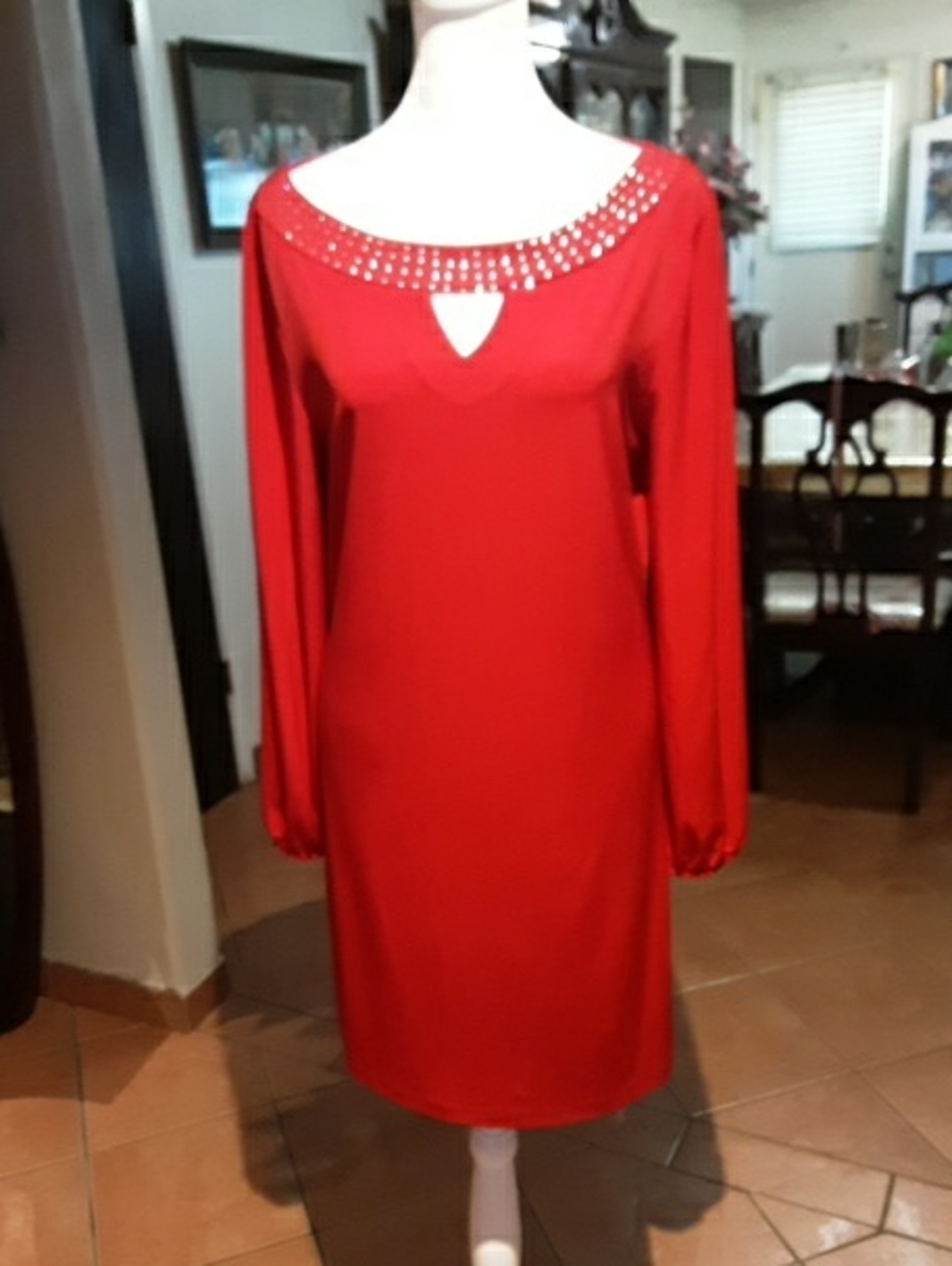 Aa Studio Red Long-Sleeve Jewel Neck Dress